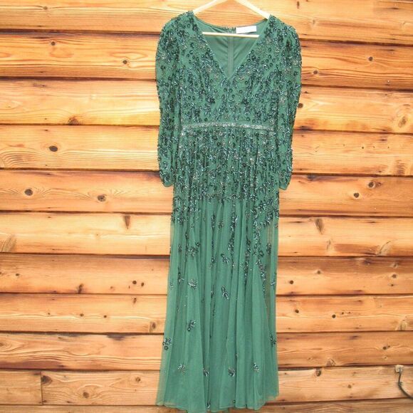 Mac Duggal 5497  Womens Green Embellished V Neck 3/4 Sleeve A Line Gown Regular - Picture 5 of 13